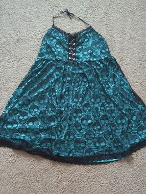 Aqua & Black Sugar Skull Halter Dress XXL